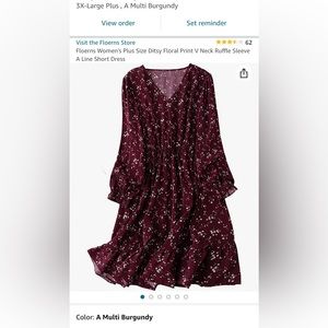 NEW 3XL Floral Print V Neck, Ruffle Sleeve, A Line Short Dress in Burgundy